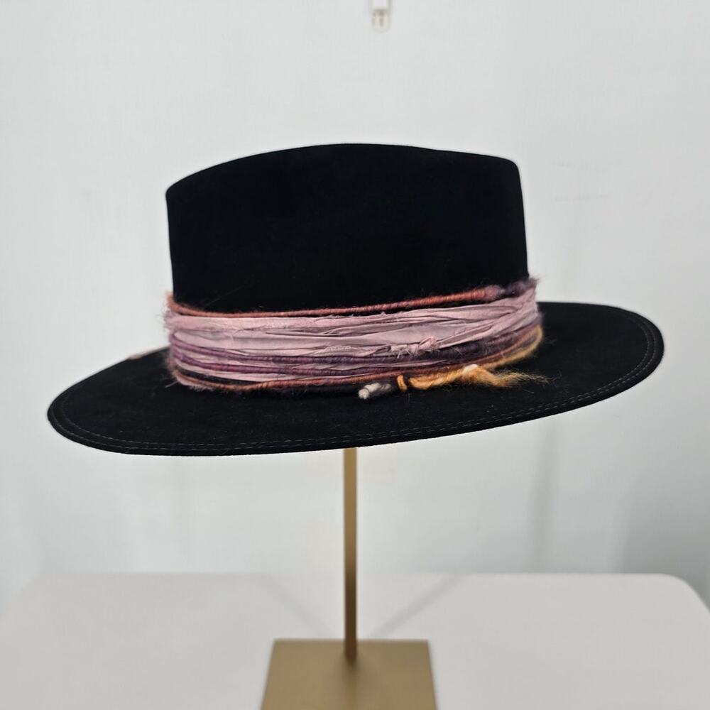 Nick Fouquet Black Felt Fedora Hat Yarn Ribbon Trim Size 7 1/4 Western Distress